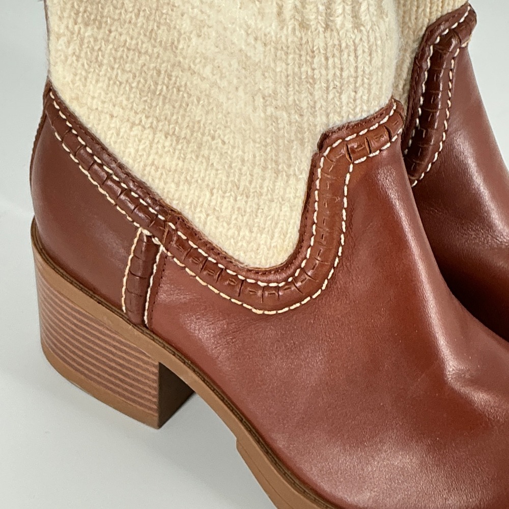 Nine West Size 7.5  Brown Leather Knit Lug Sole Ankle Boots Popit Stacked Heel - Picture 15 of 16